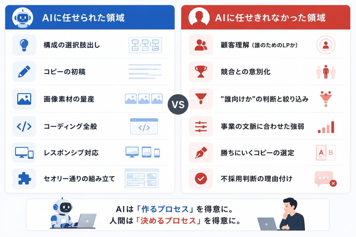 「AIに任せられた領域」（構成の選択肢出し・コピーの初稿・コーディング全般など）と「AIに任せきれなかった領域」（顧客理解・競合との差別化など）。「AIは作るプロセス、人間は決めるプロセス」